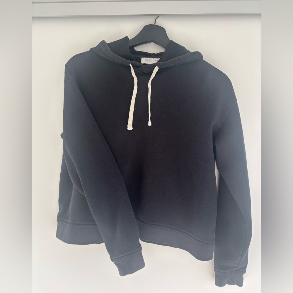 Black boxy Hoodie with White Drawstrings by Everlane